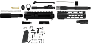 This kit is the total AR build kit package. The black Parkerized barrel is designed to avoid rust and remain functional with repeated use.